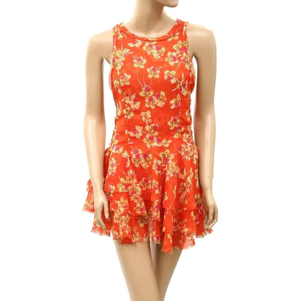 Free People Raven Printed Mini Dress Smocked Keyhole Ruffle Trendy S 288782
